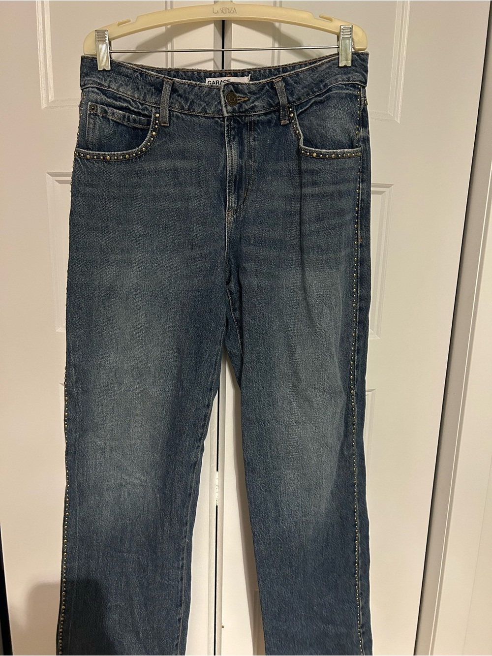 Garage Women’s Straight Leg Jeans with Stud Trim - Blue Denim